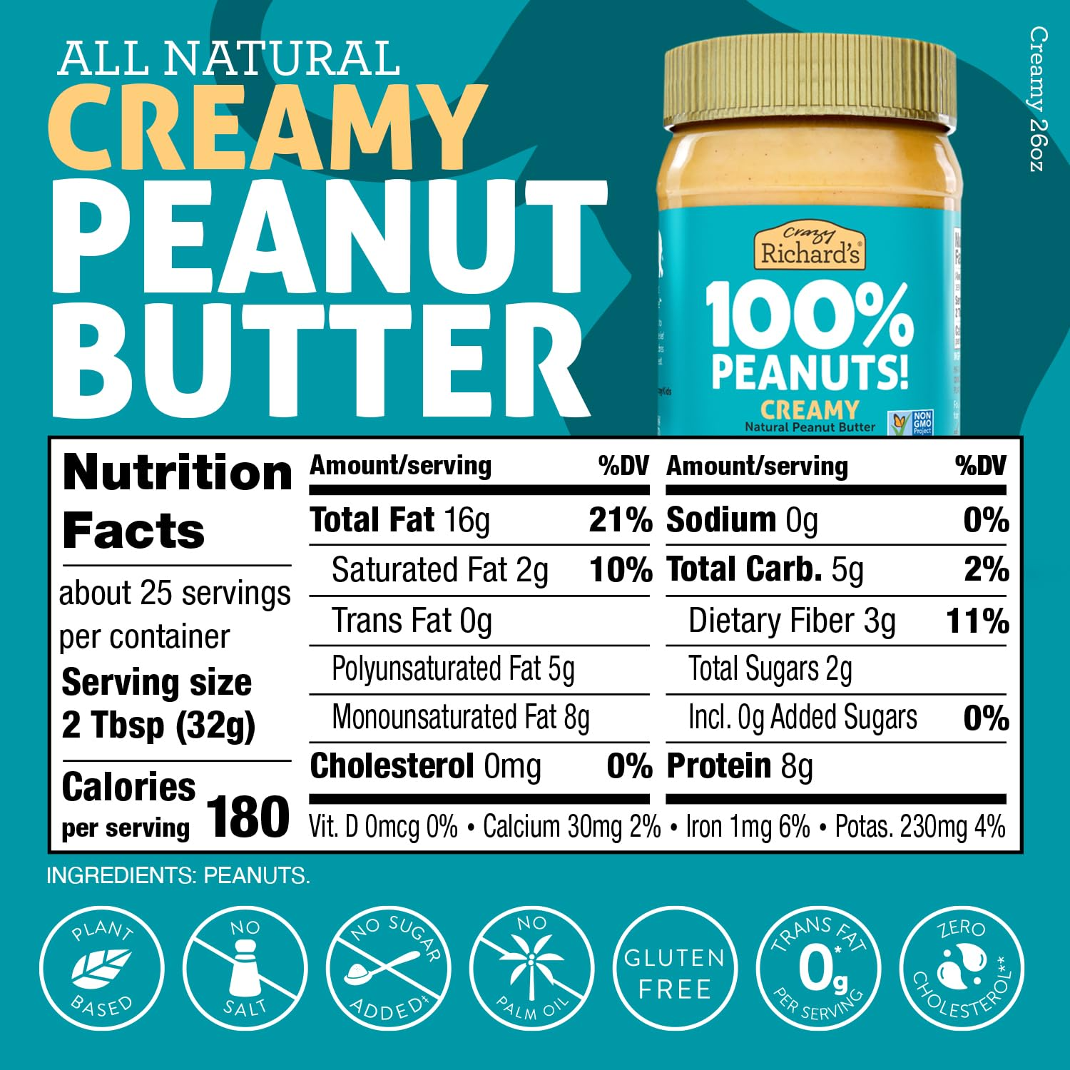Crazy Richard's 100% All-Natural Creamy Vegan Peanut Butter with No Added Sugar and Non-GMO, 26 Ounce