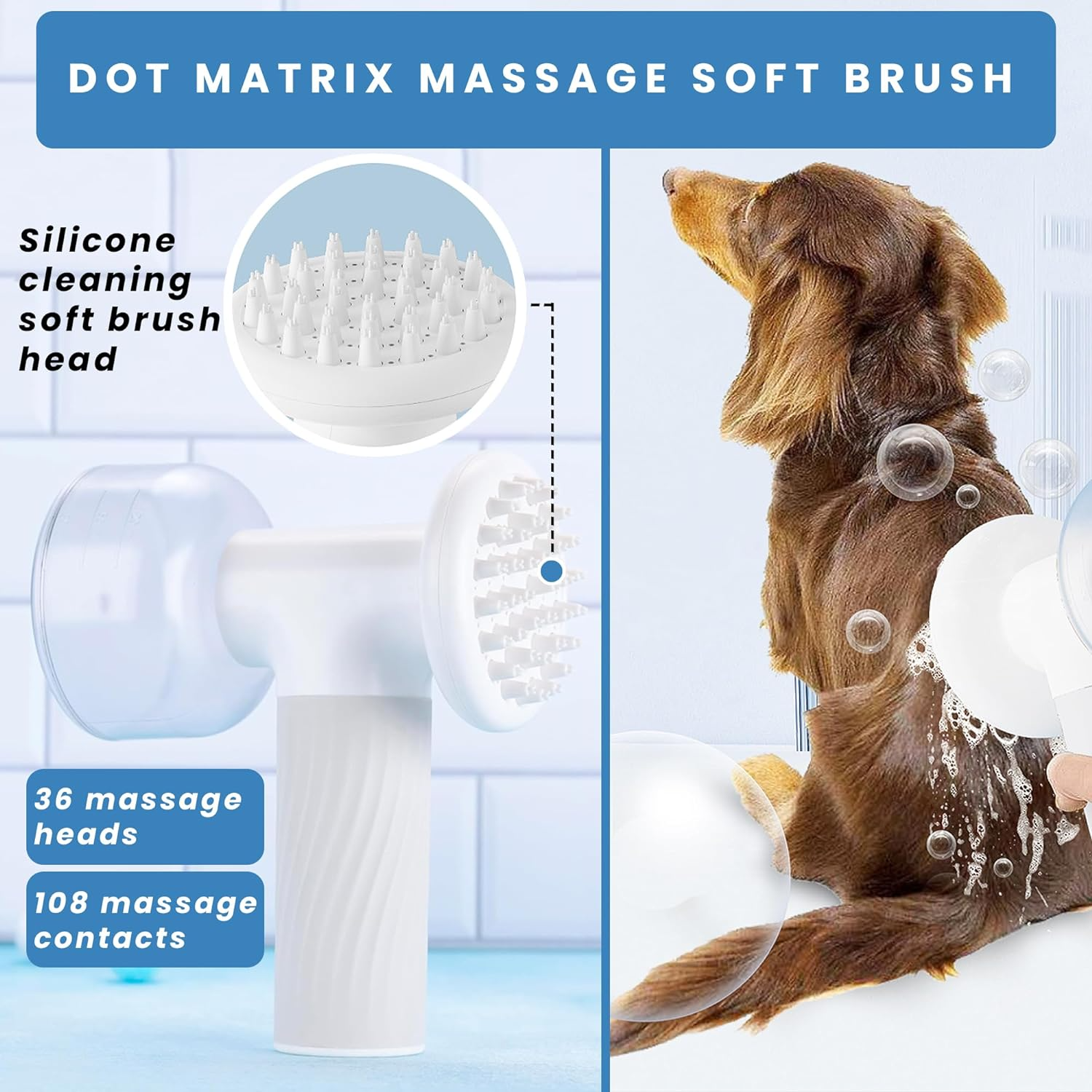 Dog Bath Brush with Soap Dispenser - Cordless Pet Bath Brush Scrubber