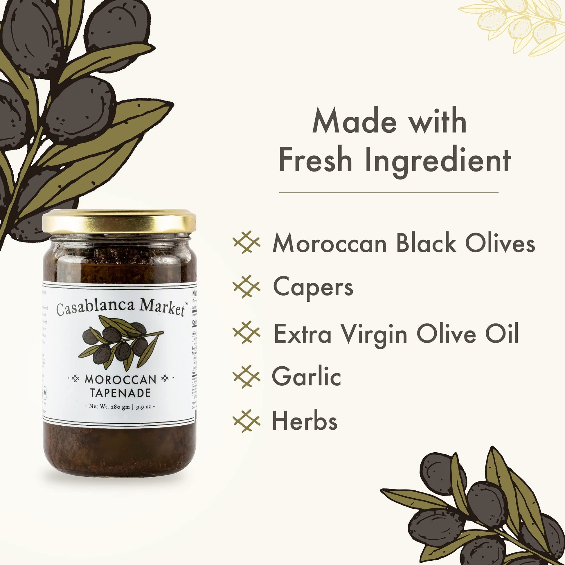 Casablanca Market Black Olives Tapenade Spread All Natural Olive Tapenade Black Olive Spread Gluten Free Olives Non GMO Vegan Plant Based - No Preservatives or Added Sugars (eBook included) - Strabella