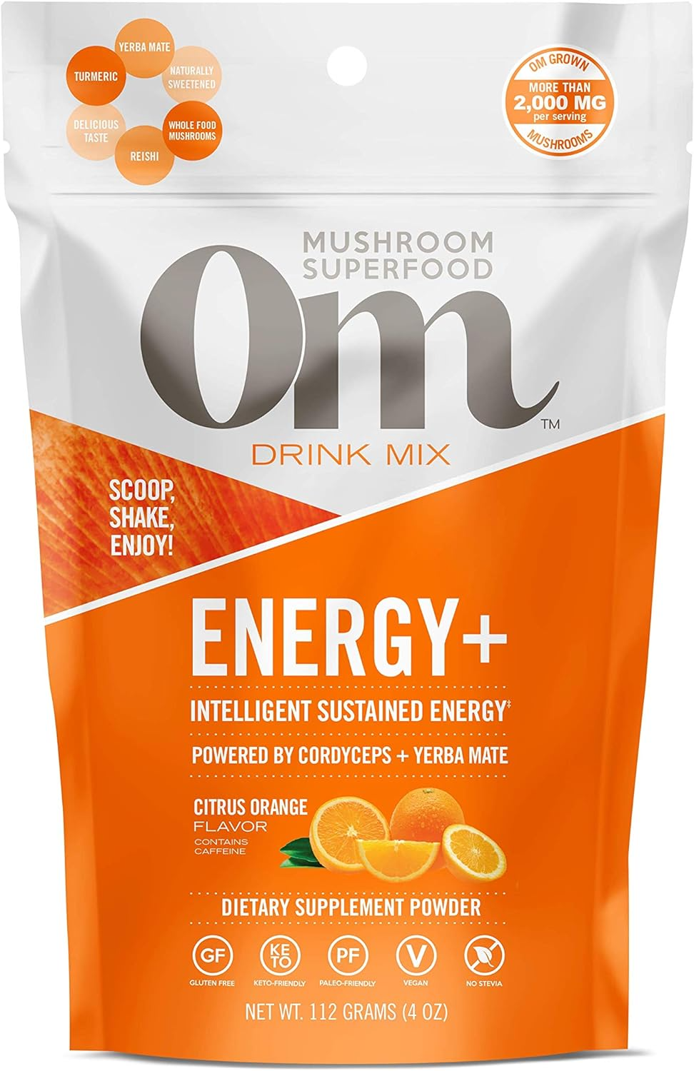 Om Mushroom Superfood Energy Plus Mushroom Powder Drink Mix, Citrus Orange, 4 Ounce, 18 Servings, Mushroom Blend, Cordyceps, Yerba Mate, Tumeric, Vitamin B Complex, Pre-Workout, Immune Supplement