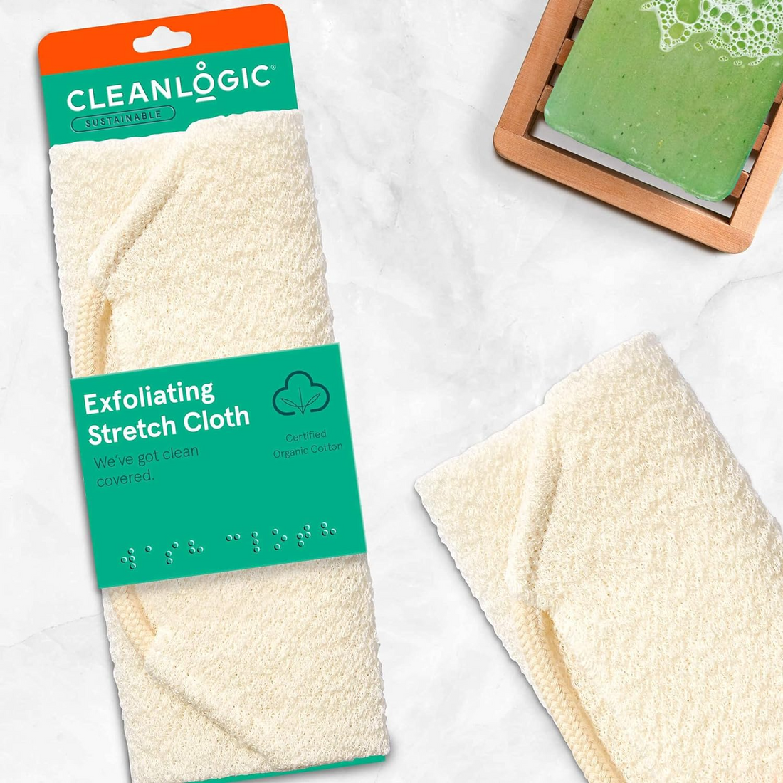 CleanLogic Sustainable Exfoliating Stretch Bath and Shower Wash Cloth, Certified Organic, 1 Count