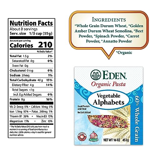 Eden Organic Vegetable Alphabets Pasta, 60% Whole Grain Durum Flour, 40% golden amber durum wheat semolina, 16 oz Box - Strabella