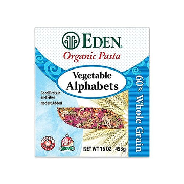 Eden Organic Vegetable Alphabets Pasta, 60% Whole Grain Durum Flour, 40% golden amber durum wheat semolina, 16 oz Box - Strabella