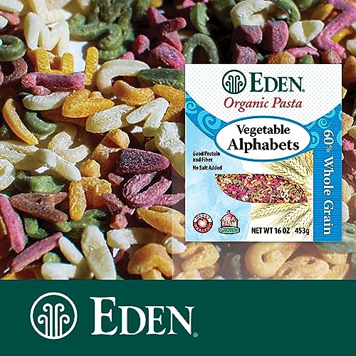 Eden Organic Vegetable Alphabets Pasta, 60% Whole Grain Durum Flour, 40% golden amber durum wheat semolina, 16 oz Box - Strabella