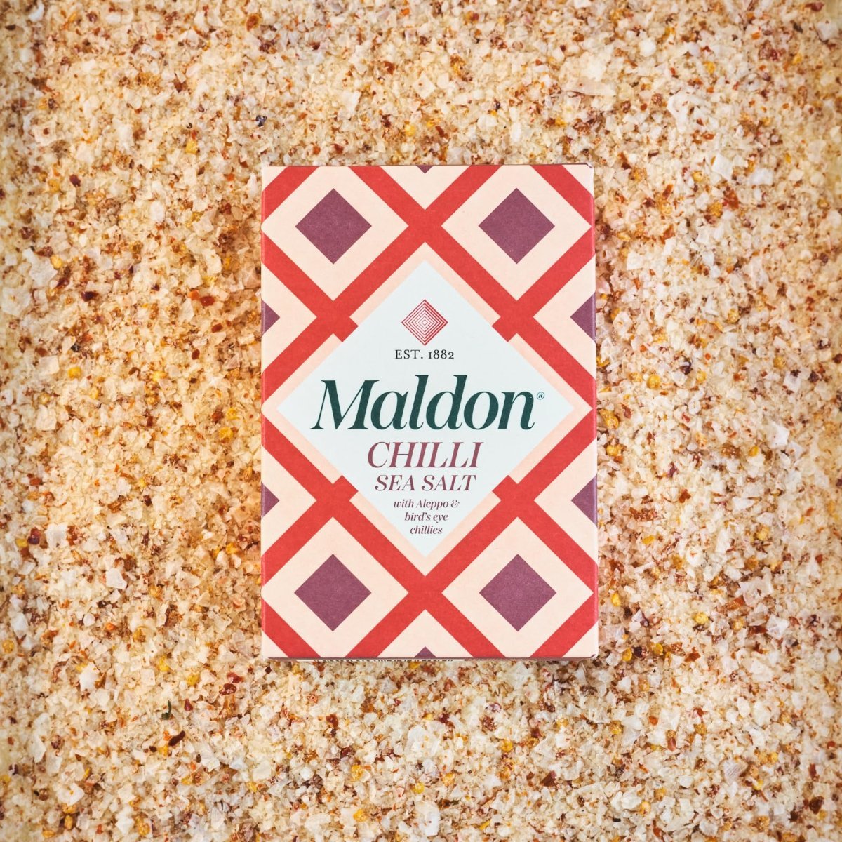 Maldon Chilli Sea Salt Flakes, blended with Aleppo & Bird’s Eye Chillies - Take simple dishes to the next level - Fantastic Flavour - Unique Pyramid - Shaped Sea Salt Flakes - 100g Box - Strabella